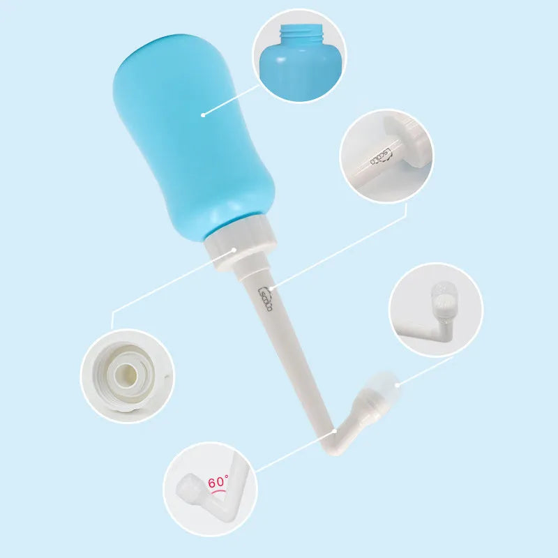 Portable female washer irrigator in blue 450ml with telescopic elbow nozzle on white background