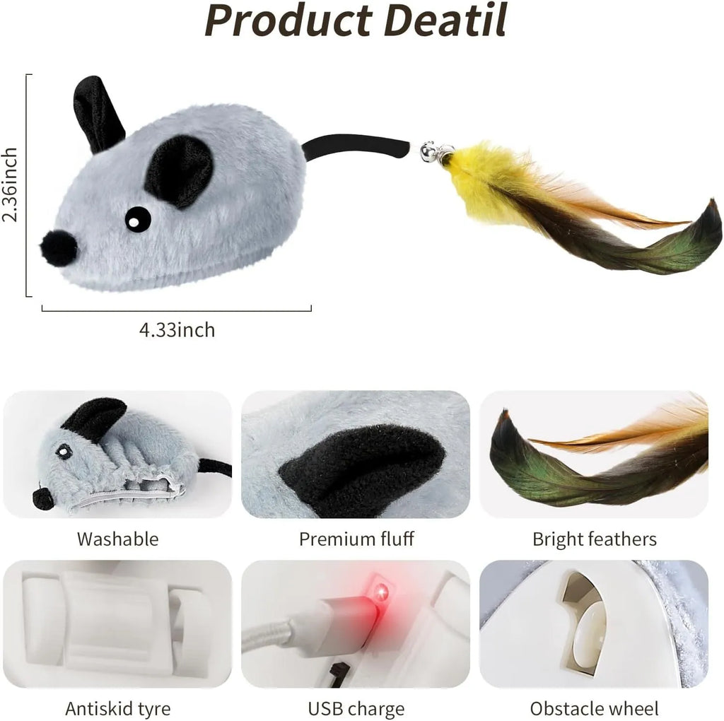 Grey and yellow rechargeable automatic moving cat toy with feather tail and LED lights