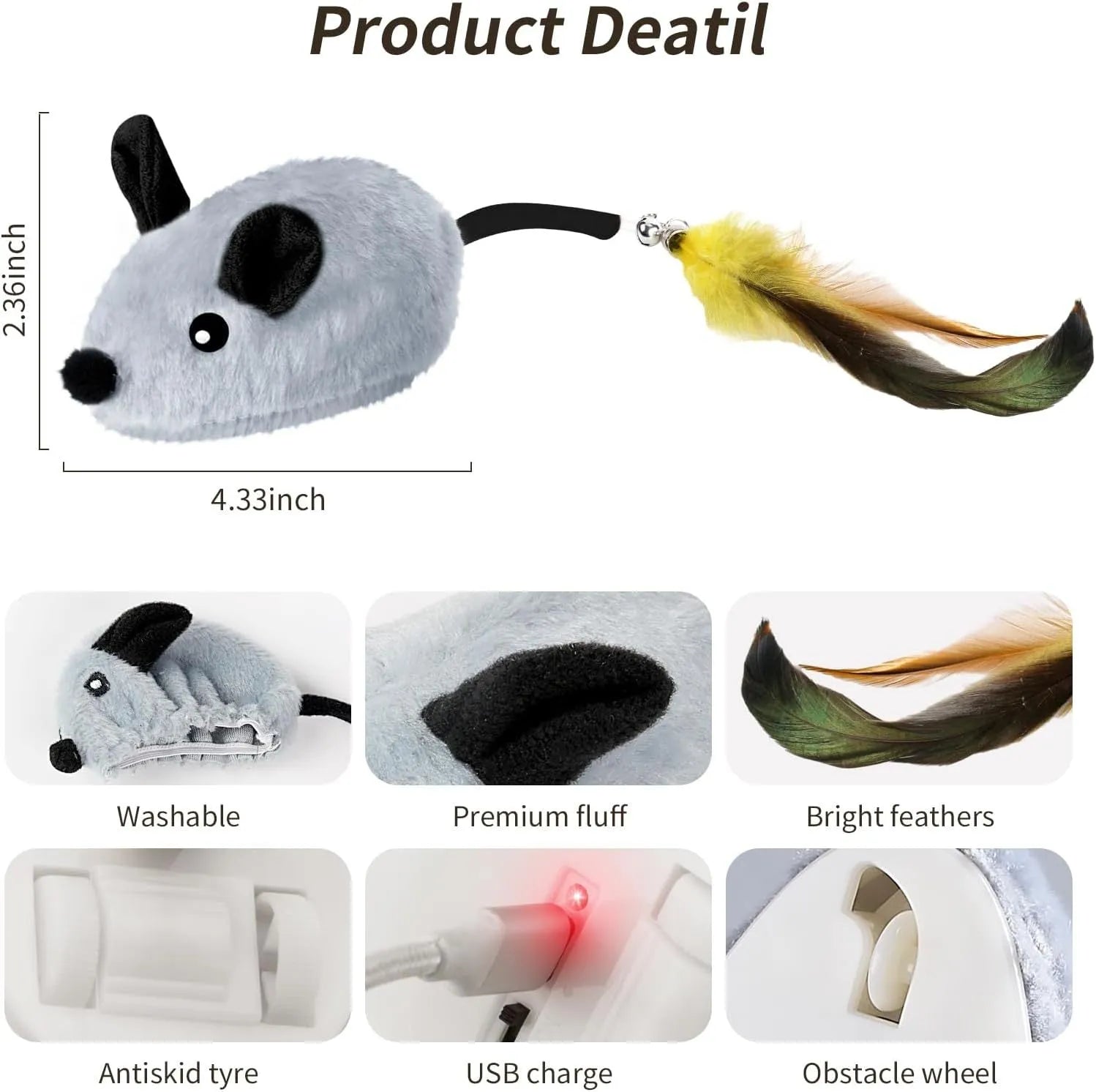 Grey and yellow rechargeable automatic moving cat toy with feather tail and LED lights