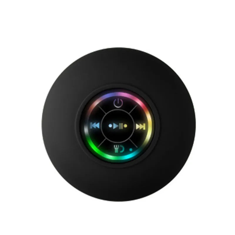 BTS07 waterproof Bluetooth speaker with suction cup mounted on car dashboard showing six colour options