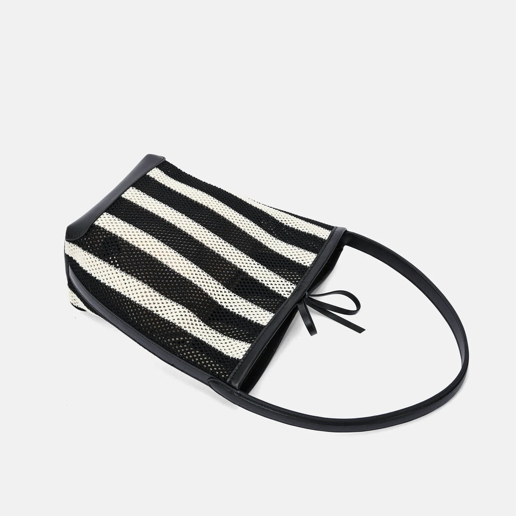Black and white striped woven fabric women's shoulder bag with bucket shape