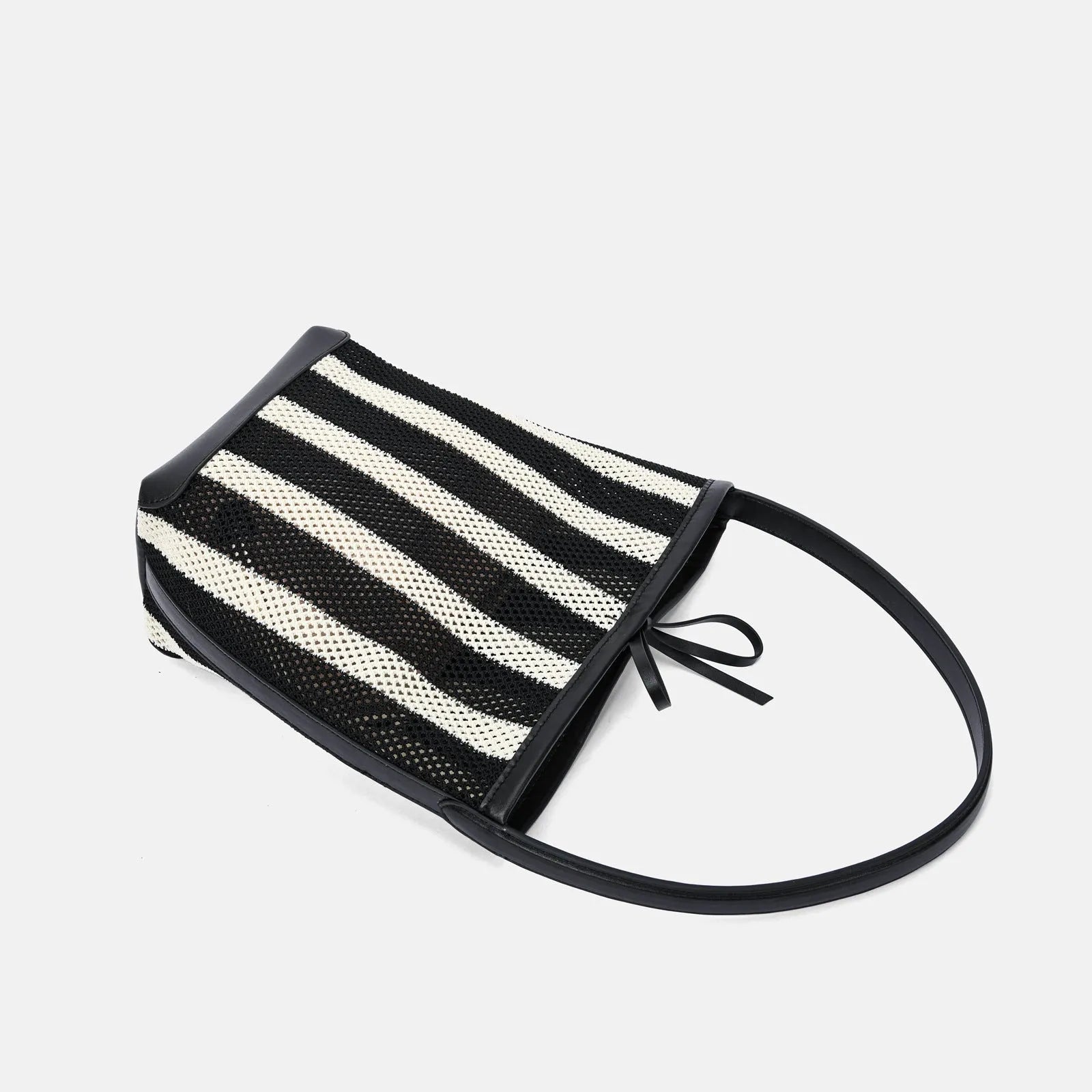 Black and white striped woven fabric women's shoulder bag with bucket shape