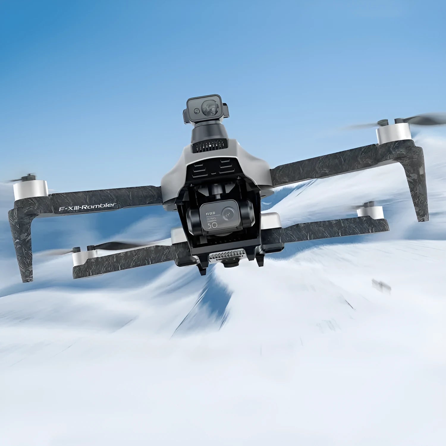 White folding quadcopter drone with camera and obstacle avoidance sensors on a grey background.