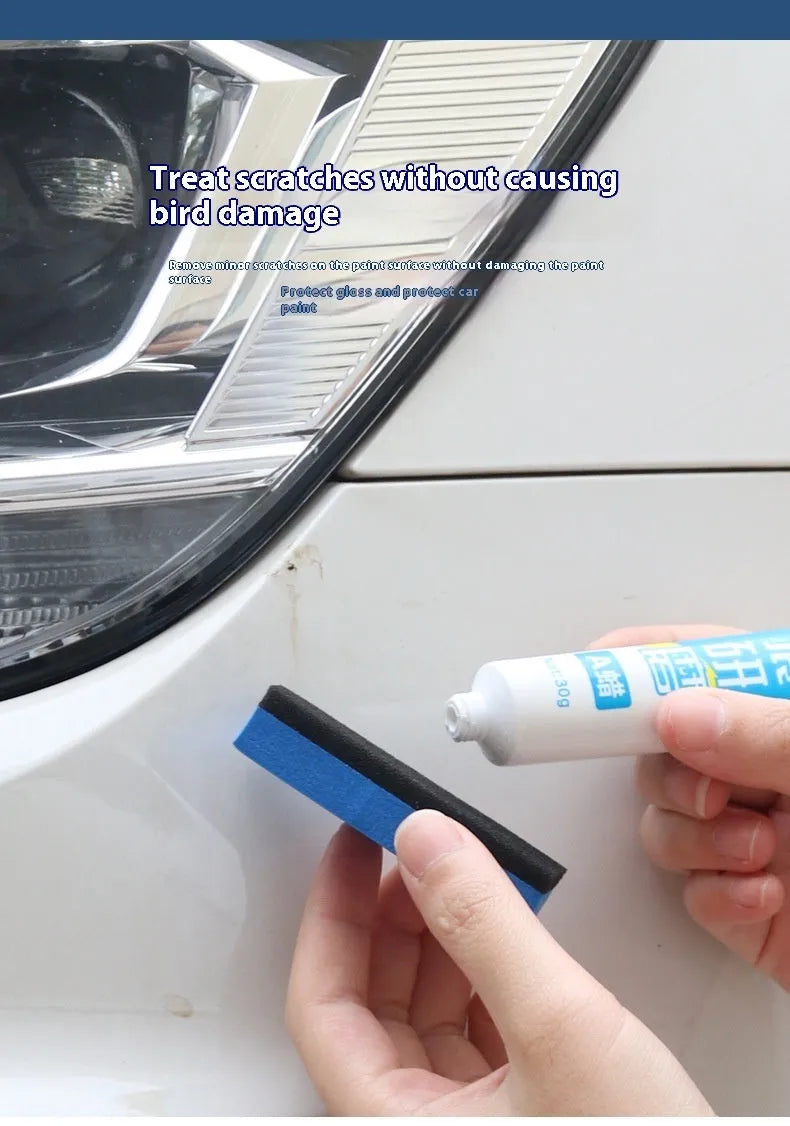 Car repair wax kit with bottles of A and B wax and a frosted sponge applicator for paint correction.