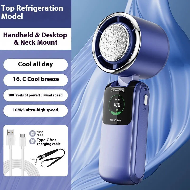 USB rechargeable handheld folding mini fan showing adjustable speed controls and compact folded design