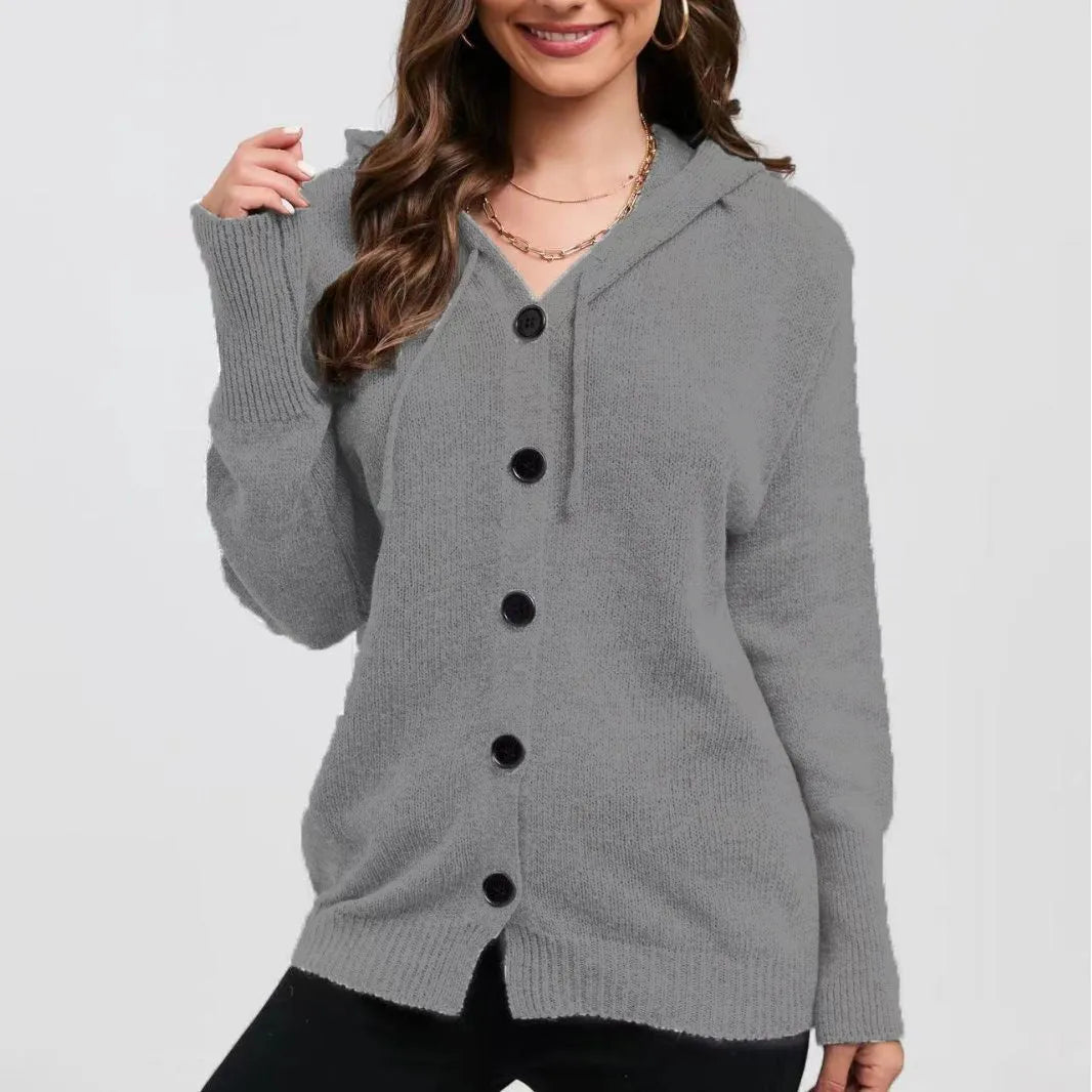 Women's solid colour cotton hooded cardigan sweater in loose fit style