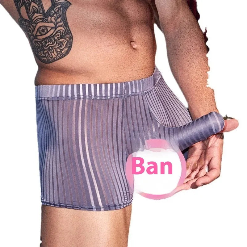 Men's black striped boxer briefs made from breathable nylon fabric.