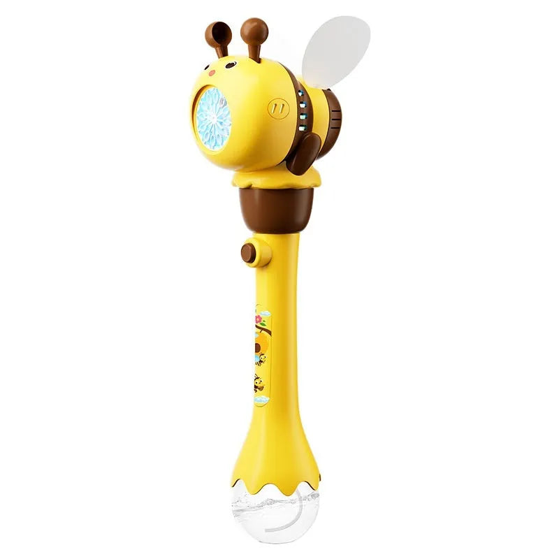Yellow electric bee bubble machine toy with automatic lights on a flat surface