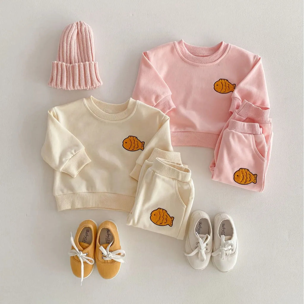 Baby cotton fish embroidered pullover top and ankle banded trousers set in light beige or pink, 73cm to 110cm