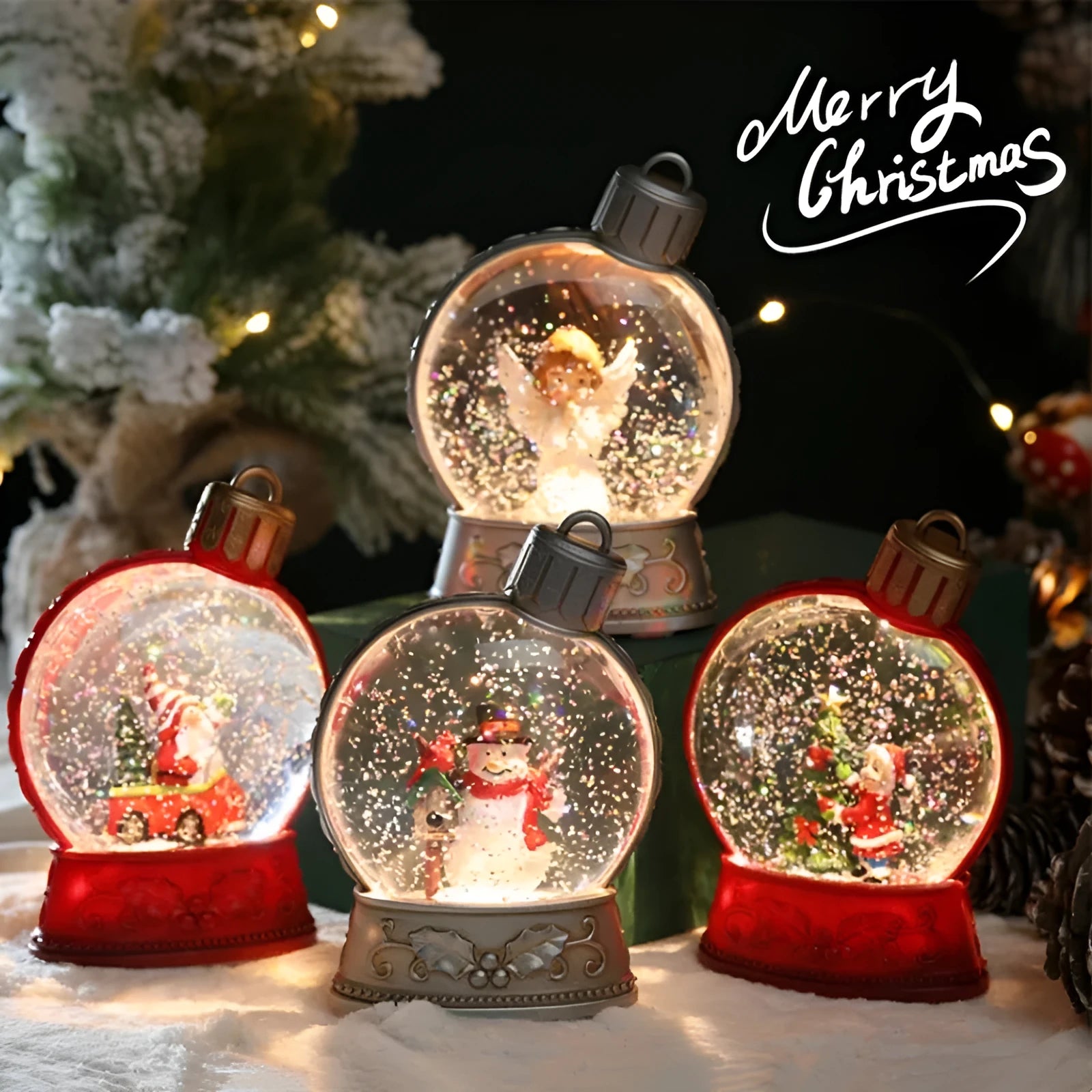 Set of four battery-powered LED Christmas decoration figures including old man, snowman, child tree and angel