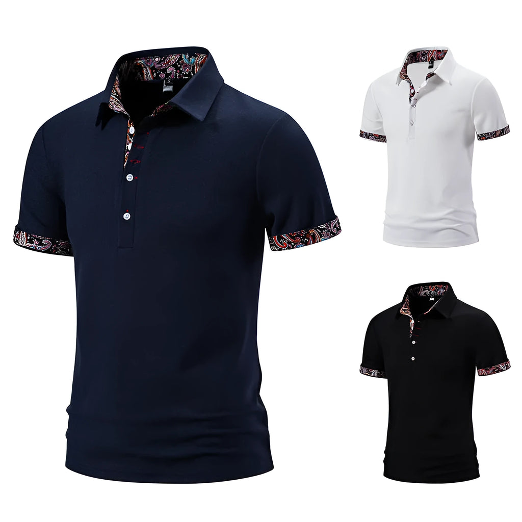 Men's navy blue polo shirt with a colour-stitched collar and short sleeves.