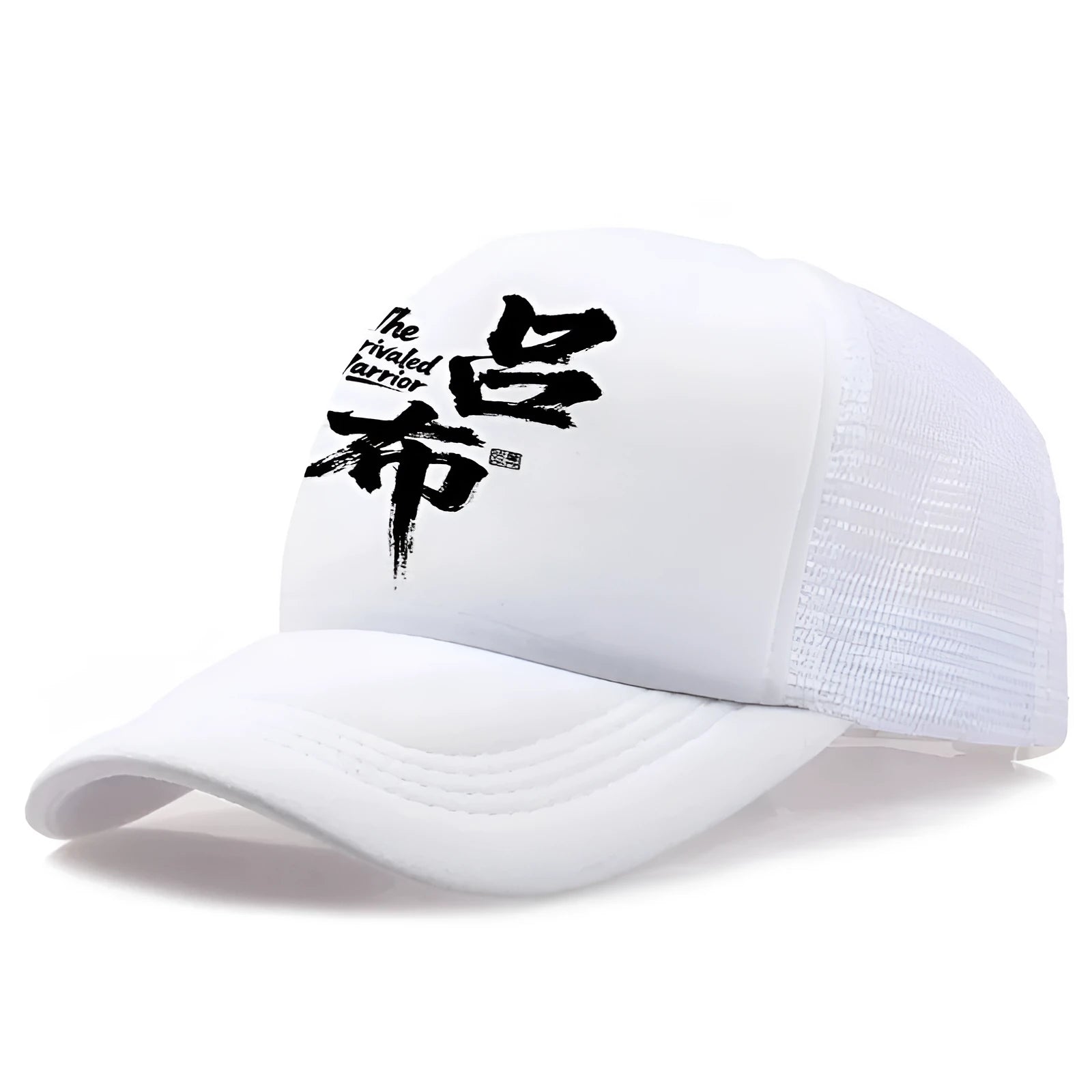 A man's classic polyester baseball cap shown in six colour options: white, pink, blue, green, black, and grey.