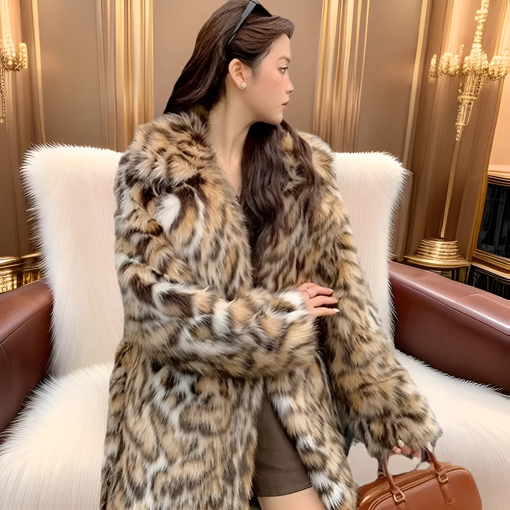 Faux fur fashion coat with fur collar in street style design showing long and medium length options