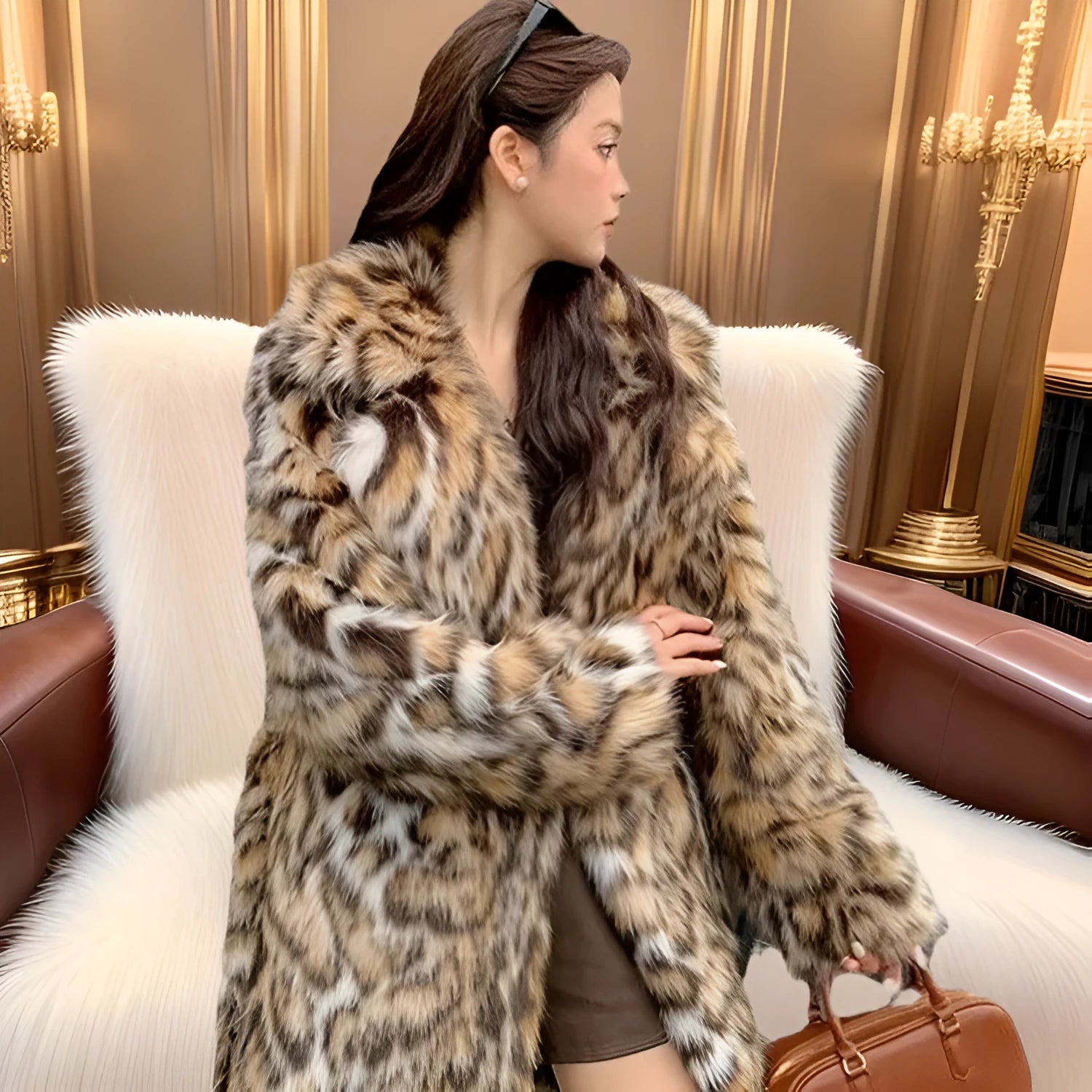 Faux fur fashion coat with fur collar in street style design showing long and medium length options