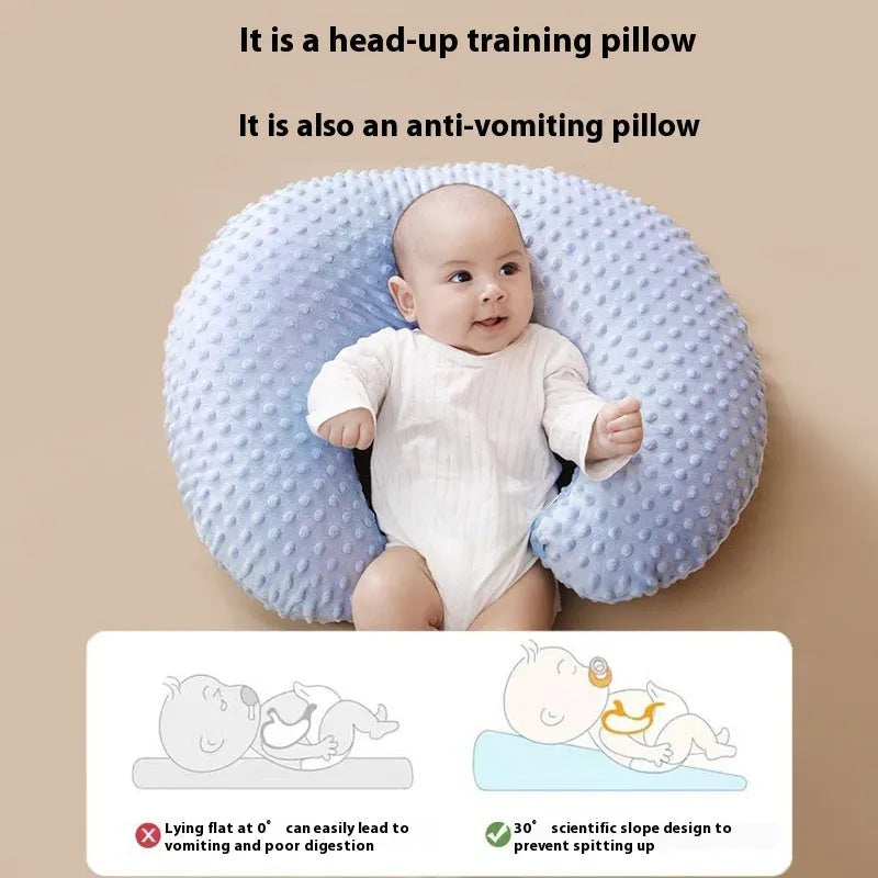 Nursing pillow with removable cover in pink, yellow, gray, and light blue colours