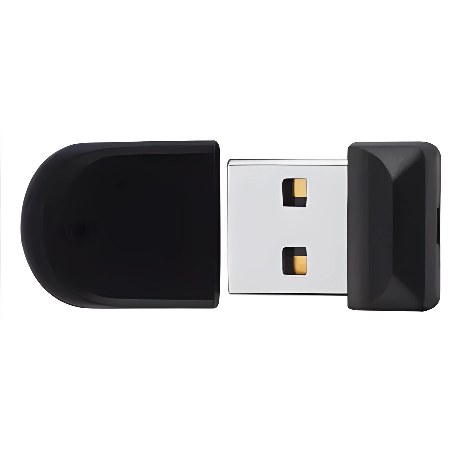 Black USB flash drive with rotating cap showing 4GB to 128GB capacity options for vehicle use