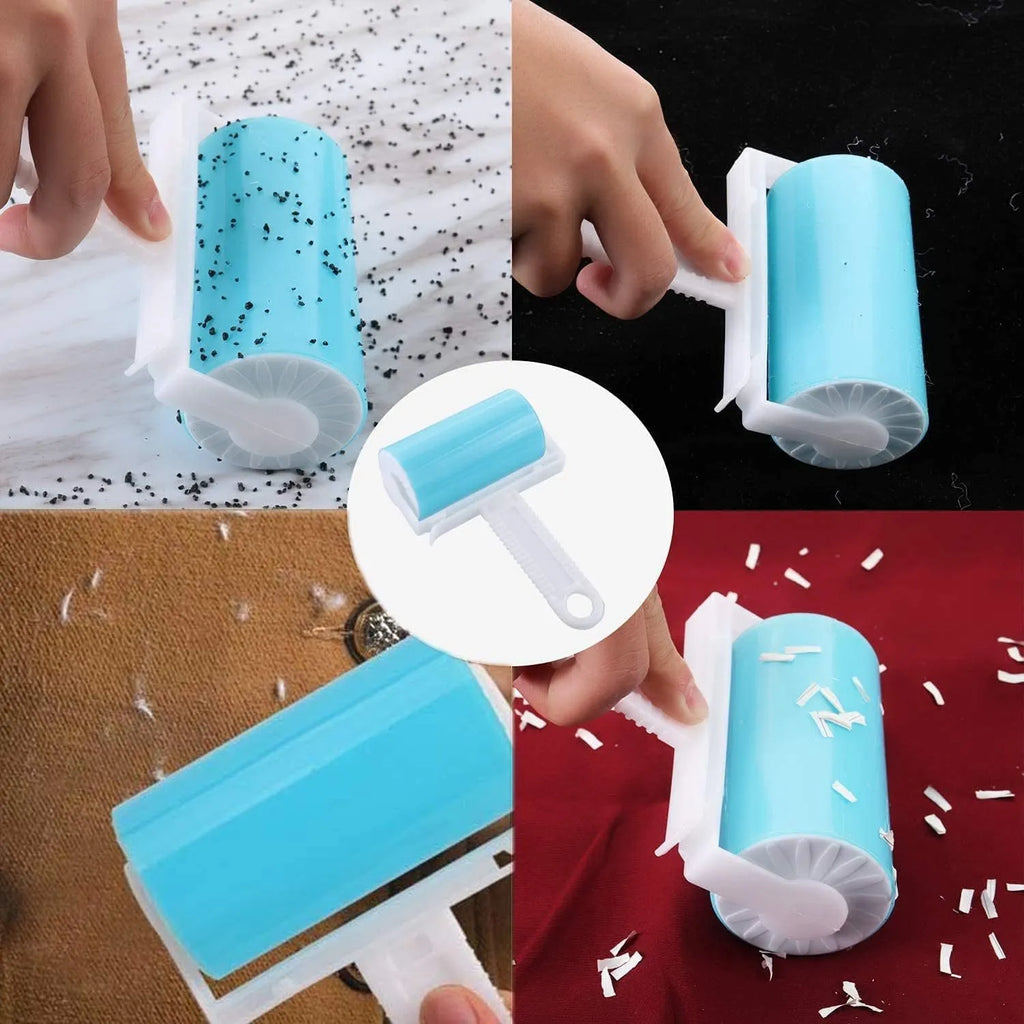 Blue washable reusable lint roller with cover for removing pet hair from fabrics