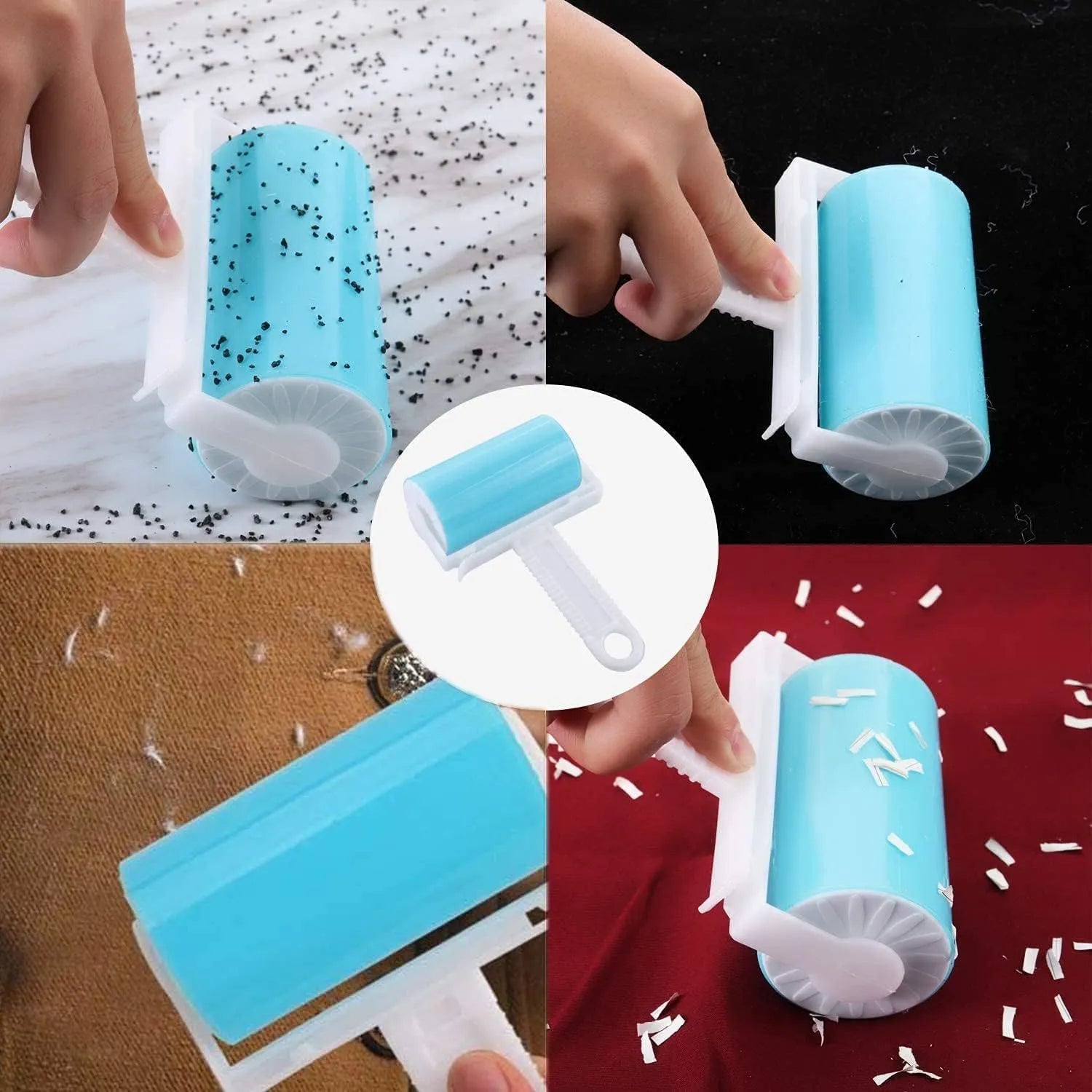 Blue washable reusable lint roller with cover for removing pet hair from fabrics