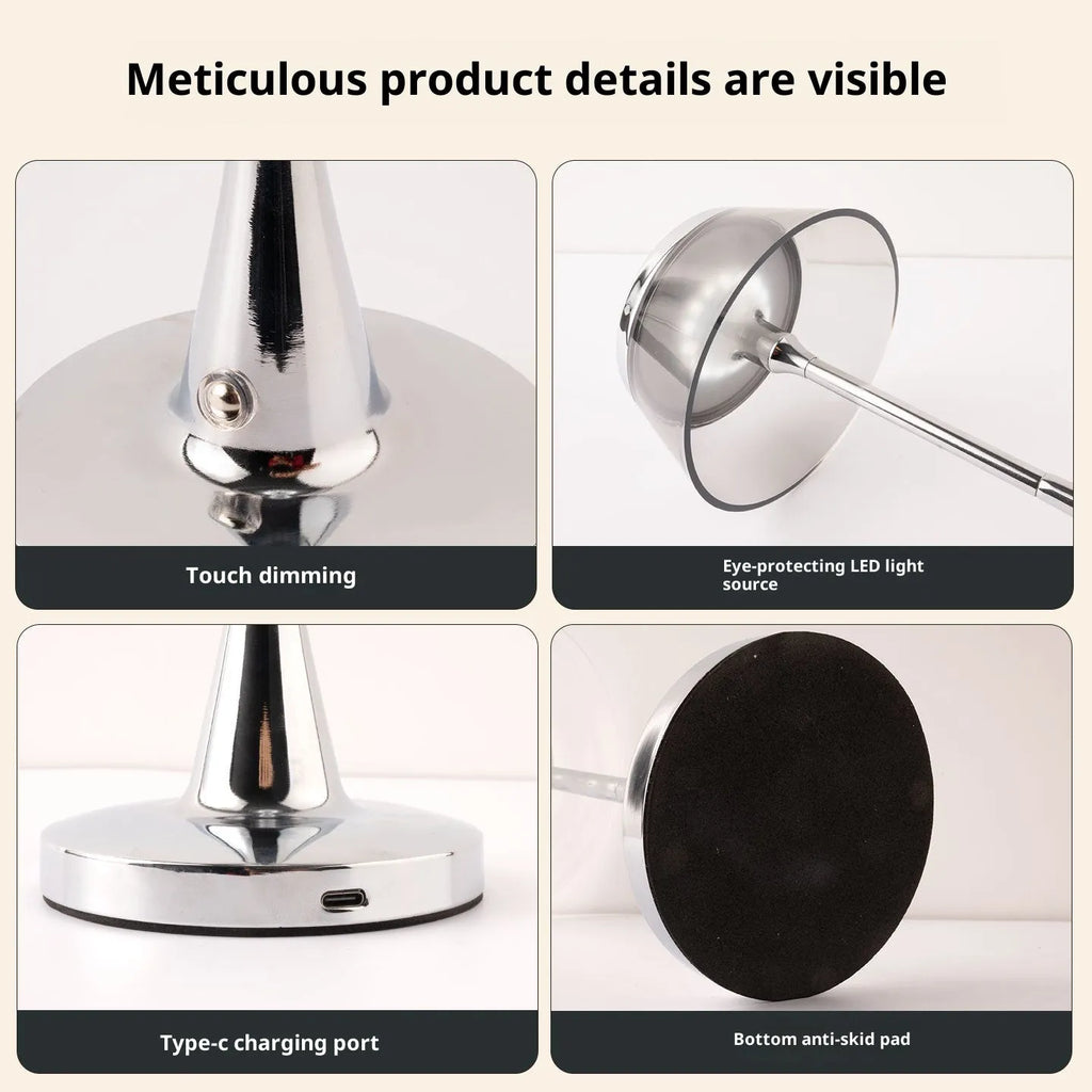 Light luxury rechargeable table lamp with transparent aluminium acrylic shade, touch dimming control, 2W LED