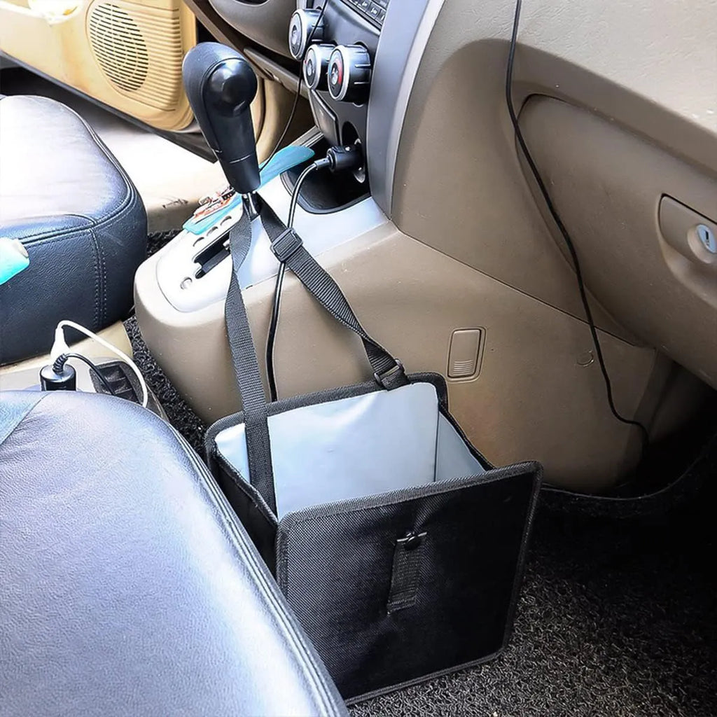 Black waterproof Oxford cloth car folding trash can with hanging loop