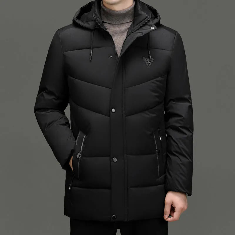 Men's extra thick down cotton-padded jacket in black, Korean casual cardigan style, regular fit, polyester fabric