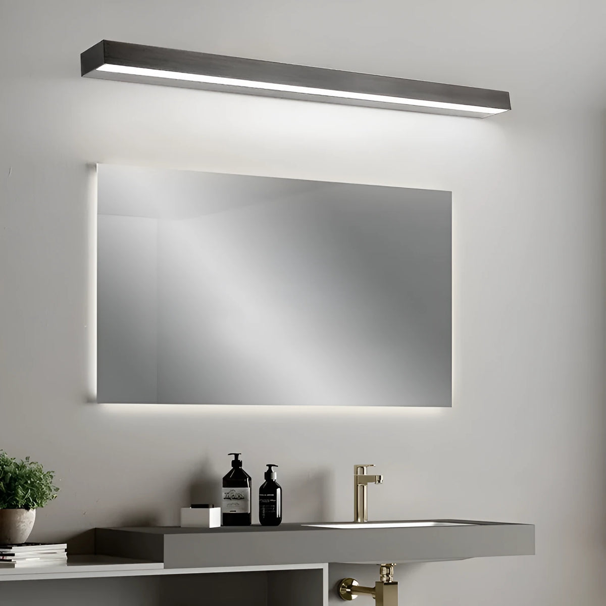 Punch-free bathroom mirror wall lamp in black or brushed silver, 40-70cm, with white warm or tricolor light