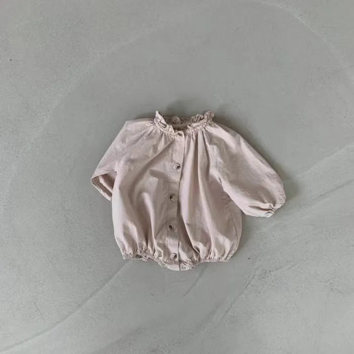 Cotton long sleeve jumpsuit romper with wooden buttons for baby girls in light lotus pink and khaki