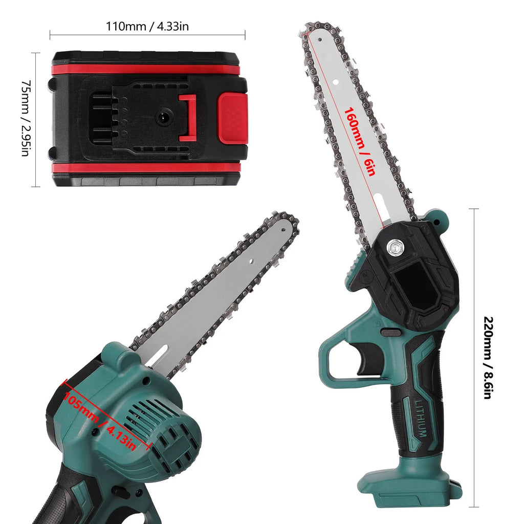 Green cordless mini electric chainsaw held in one hand, showing 4 inch guide bar and compact body.