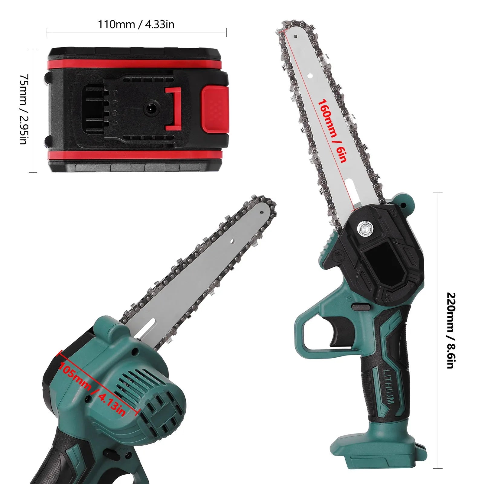 Green cordless mini electric chainsaw held in one hand, showing 4 inch guide bar and compact body.