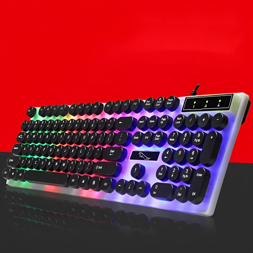 White waterproof gaming keyboard with RGB backlit round keycaps and 104-key layout