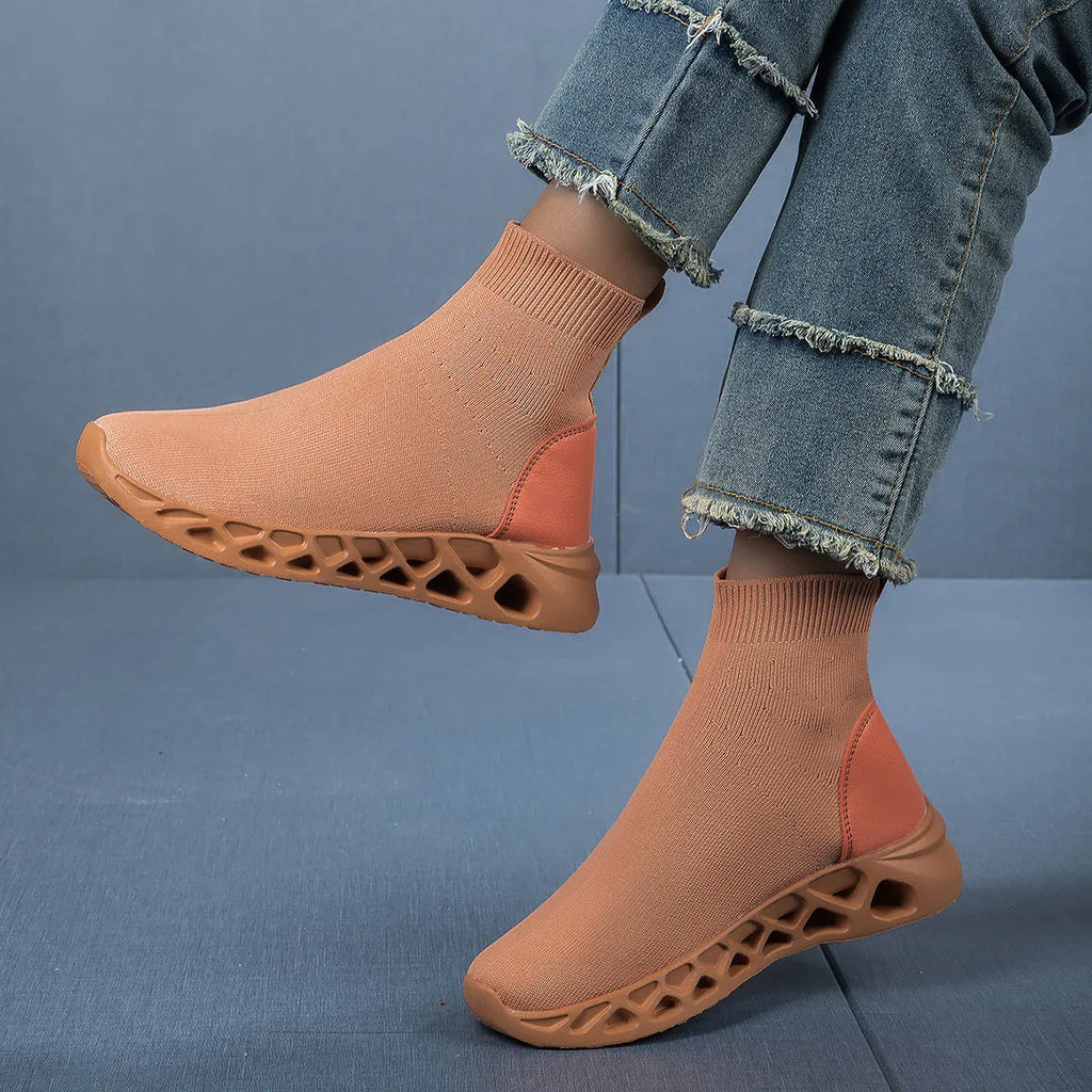 Women's casual mesh sock boots in black colour with flat sole and round toe design