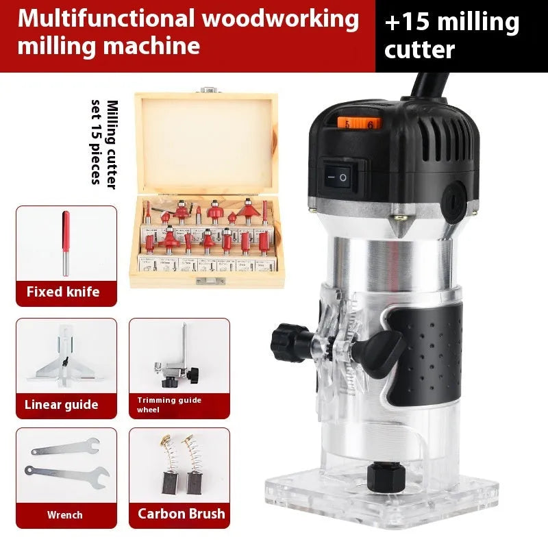 800W 6-speed electric woodworking trimmer router with 6.35mm collet, 15 milling cutters, straight knife, aluminium body, gear paper box