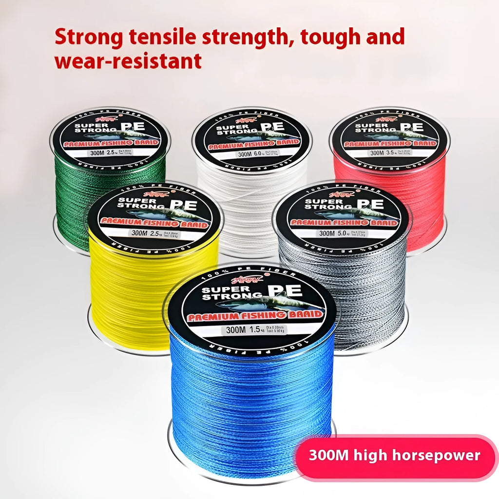 Spool of Dali Mayu 300 metre PE fishing line showing multiple colour options against a tackle background.
