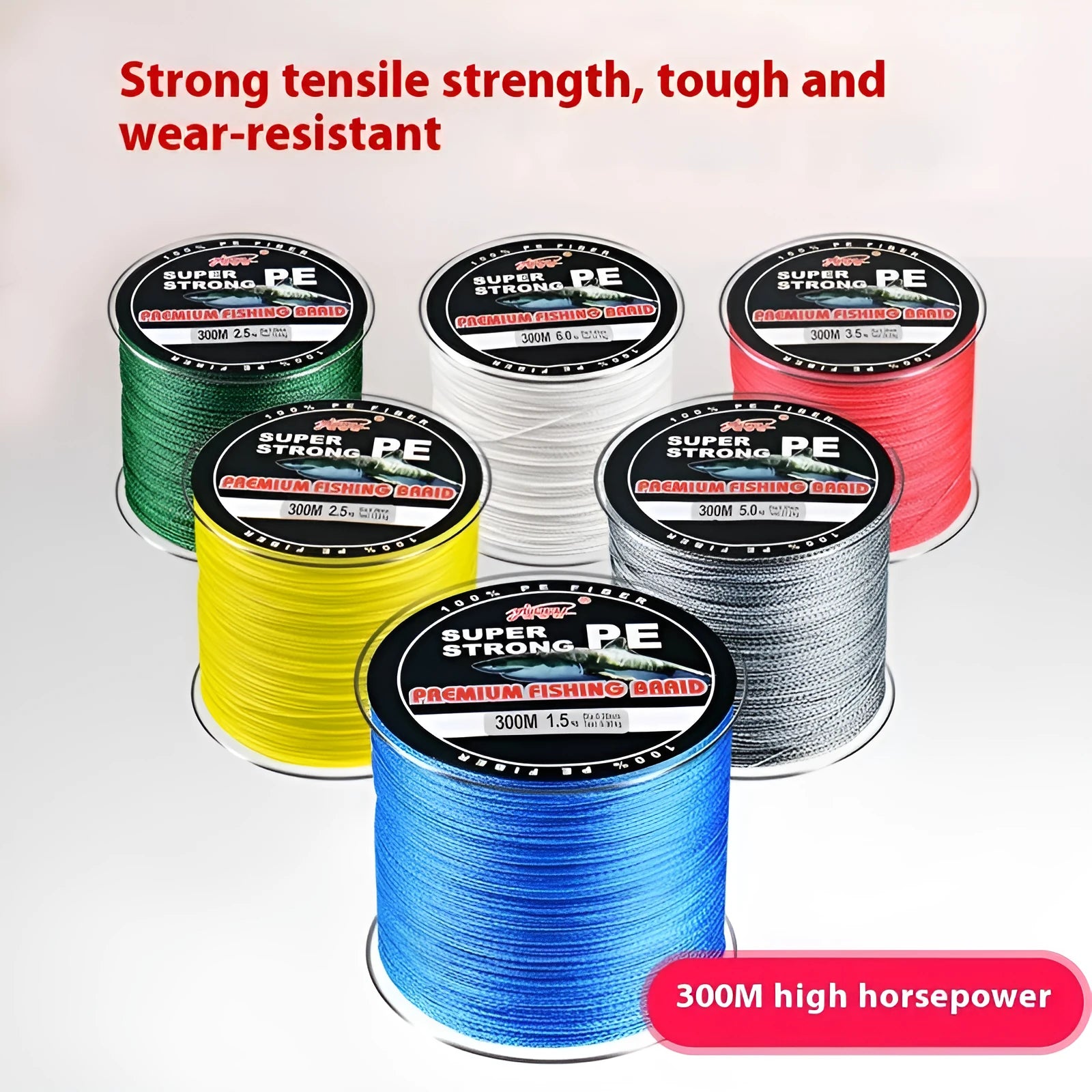Spool of Dali Mayu 300 metre PE fishing line showing multiple colour options against a tackle background.