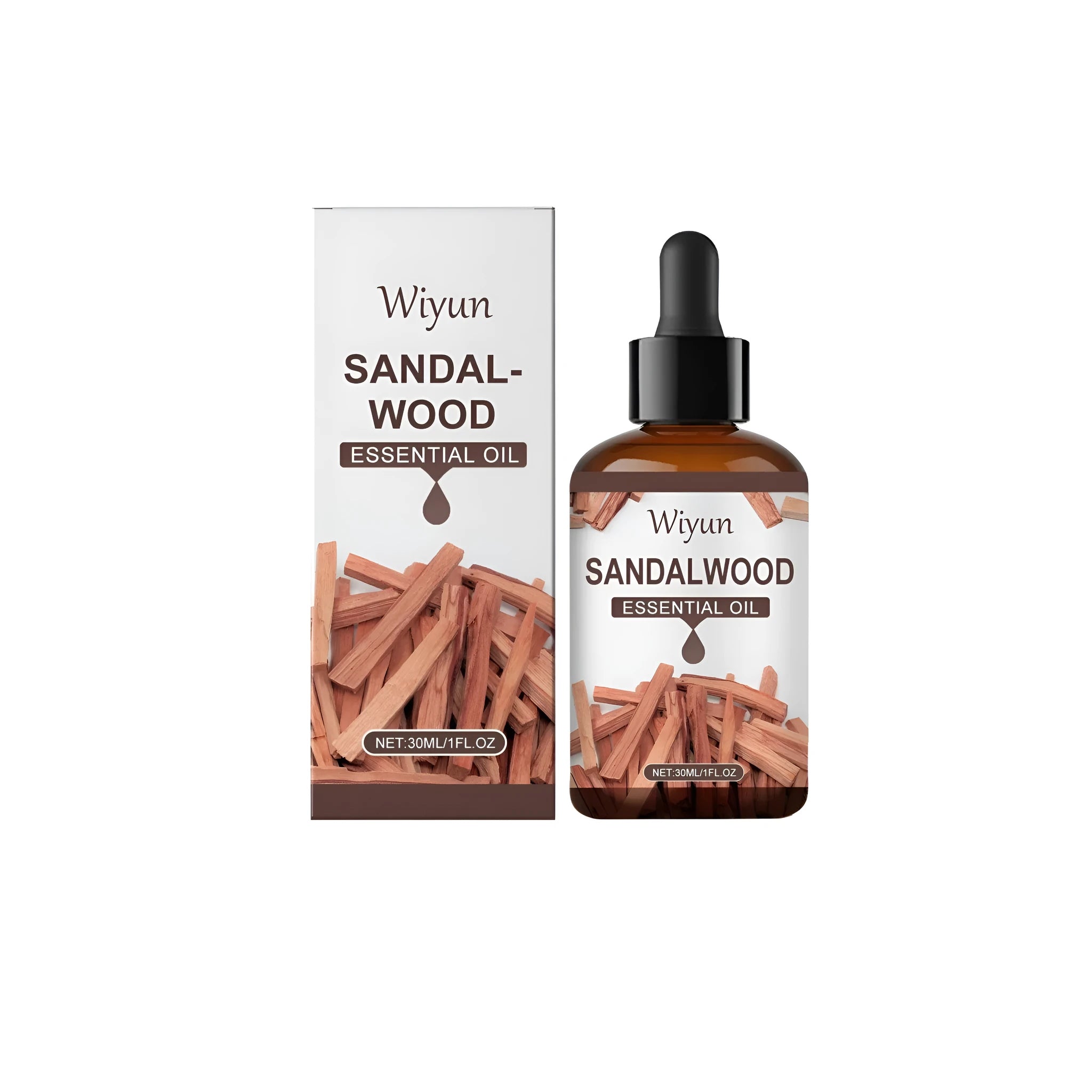 30ml glass bottle of sandalwood essential oil with dropper