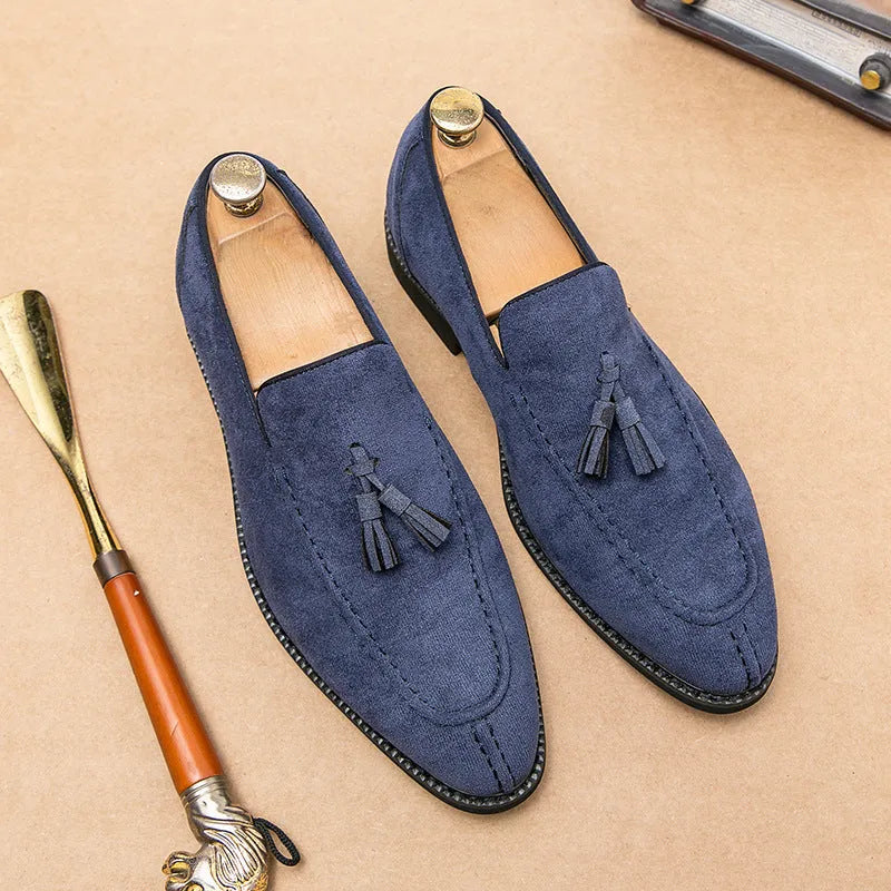 Men's suede matte fashion leather shoes in blue, flat heel low tube design with breathable and waterproof features