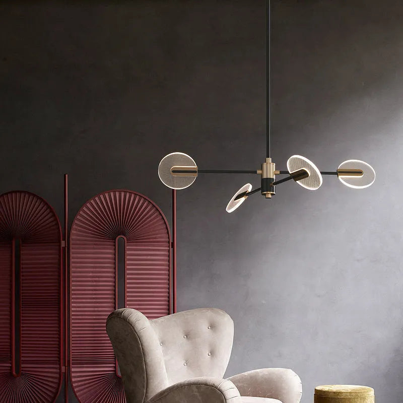 Nordic style iron frame LED chandelier pendant light with multiple acrylic shades.