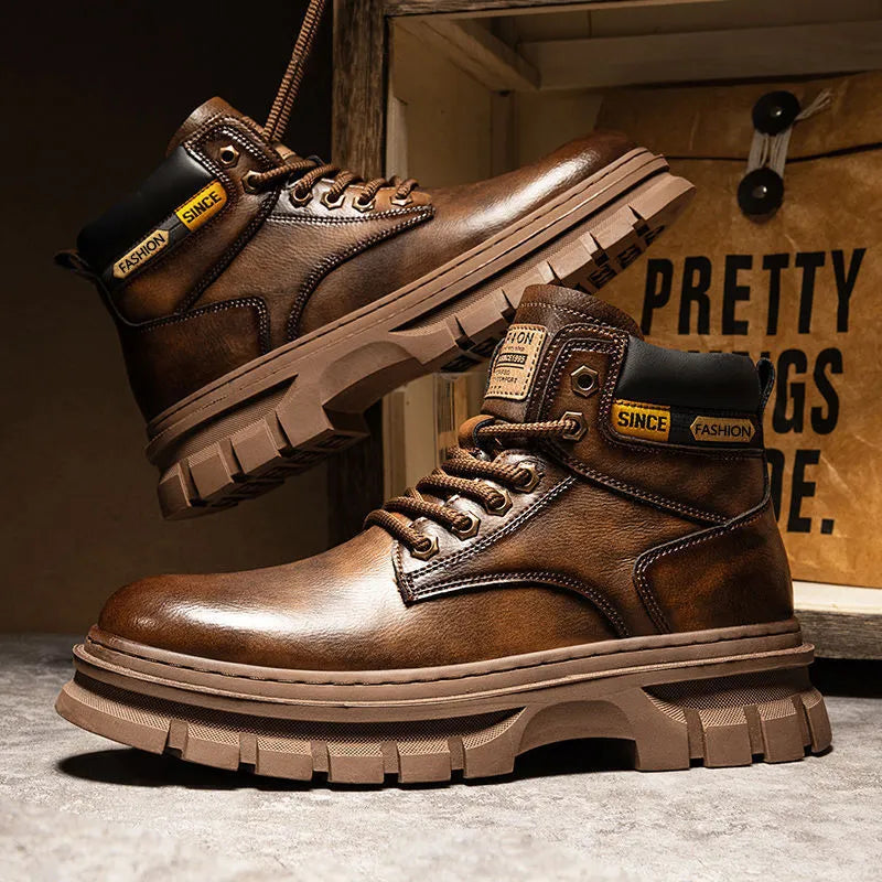 Men's Martin boots with artificial PU leather upper, round toe, and front lace-up closure