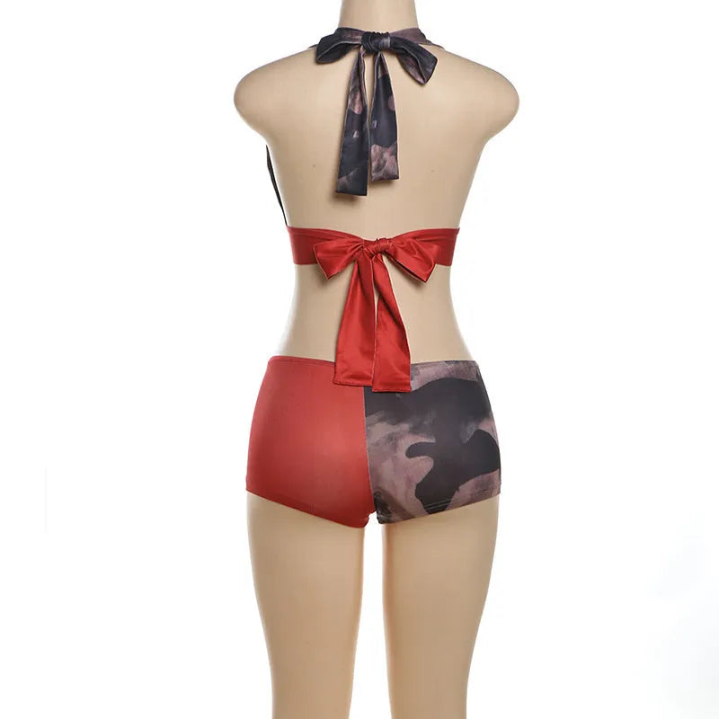 Red women's high-waisted shorts suit with 3D printed pattern and hip lift design