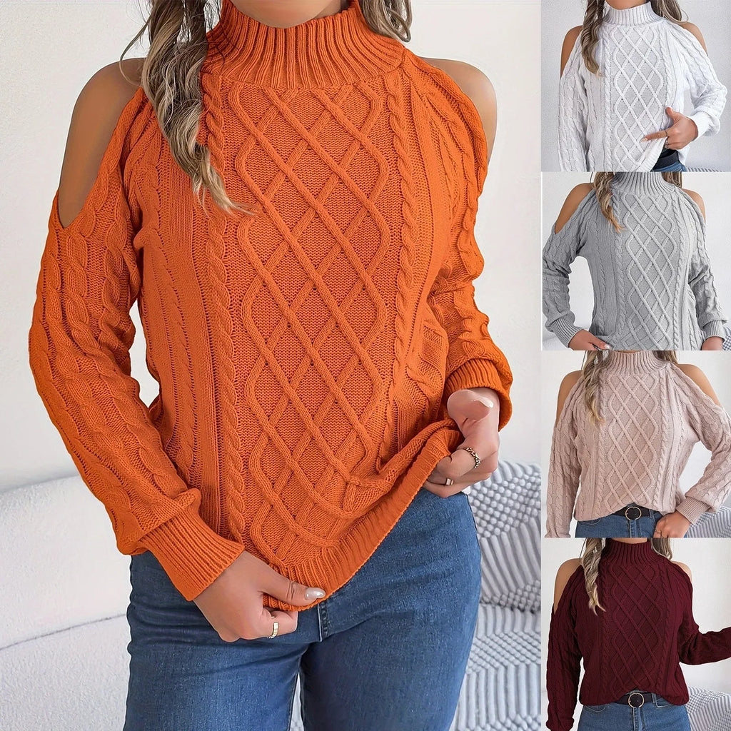 Gray women's pullover sweater with a strapless half-high collar and long, twisted lantern sleeves.