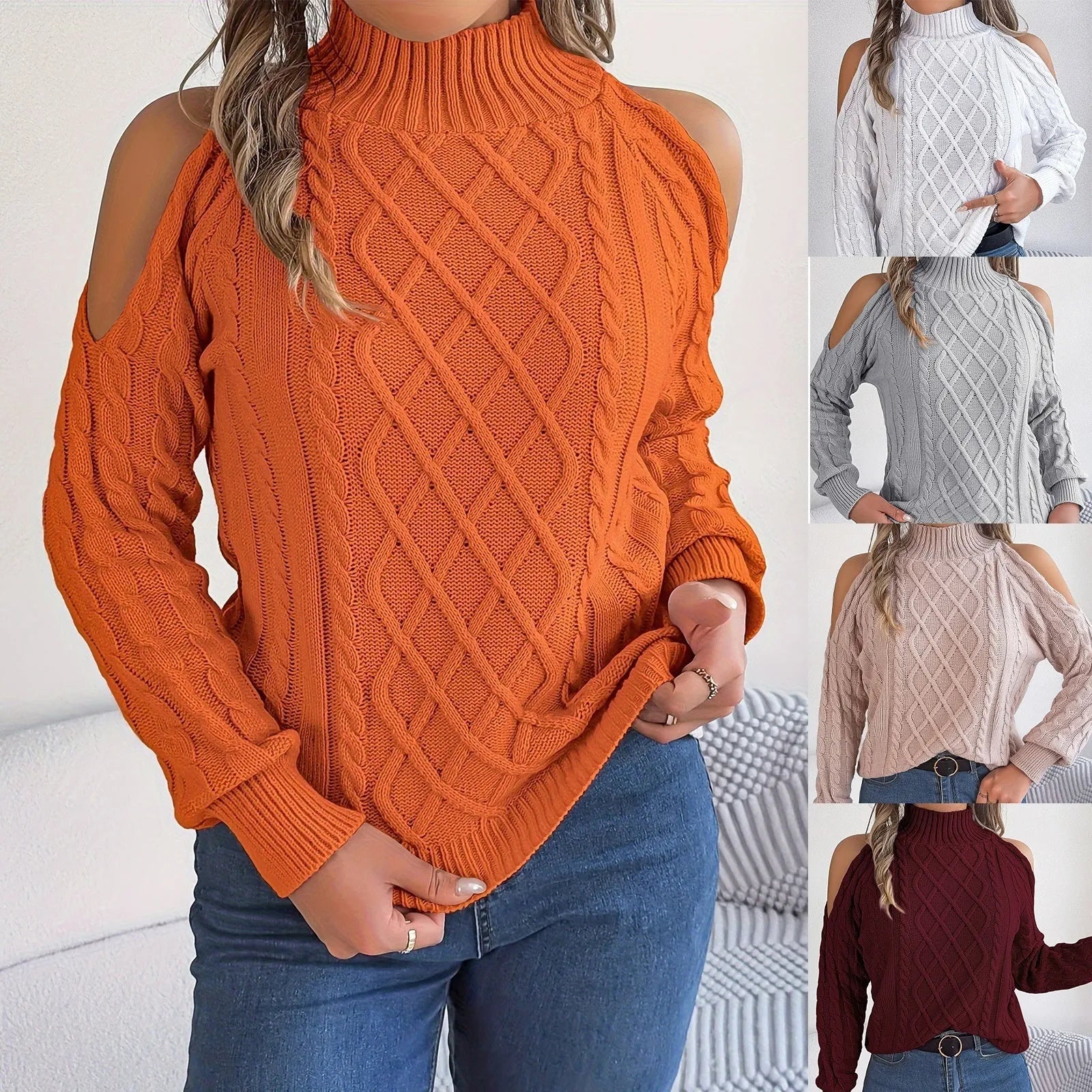 Gray women's pullover sweater with a strapless half-high collar and long, twisted lantern sleeves.
