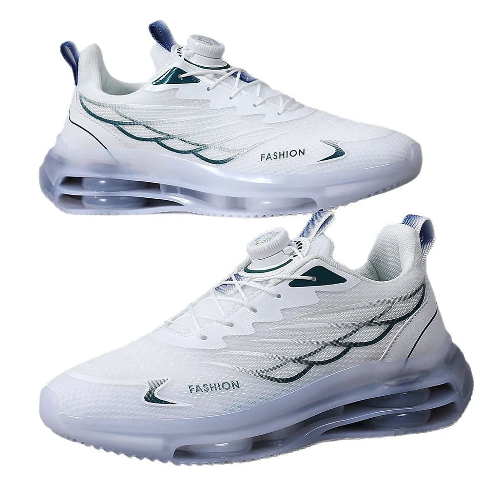 White Korean style mesh casual sports shoes with rotating button lace-up and round toe design