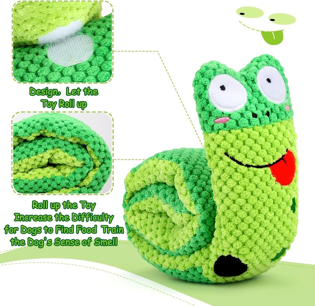 Squeak dog toy in frog snail or snake design with foraging holes and velvet texture