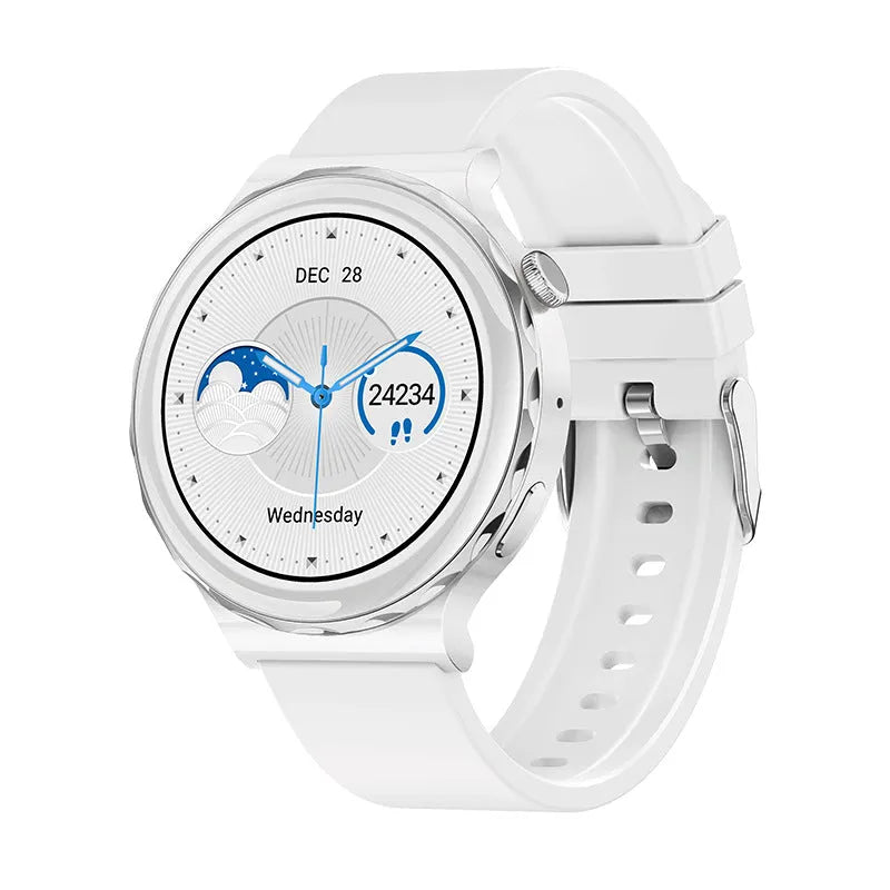 HW52 smart watch with zinc alloy round dial, IPS touch screen, shown in Black Gold, Platinum or White