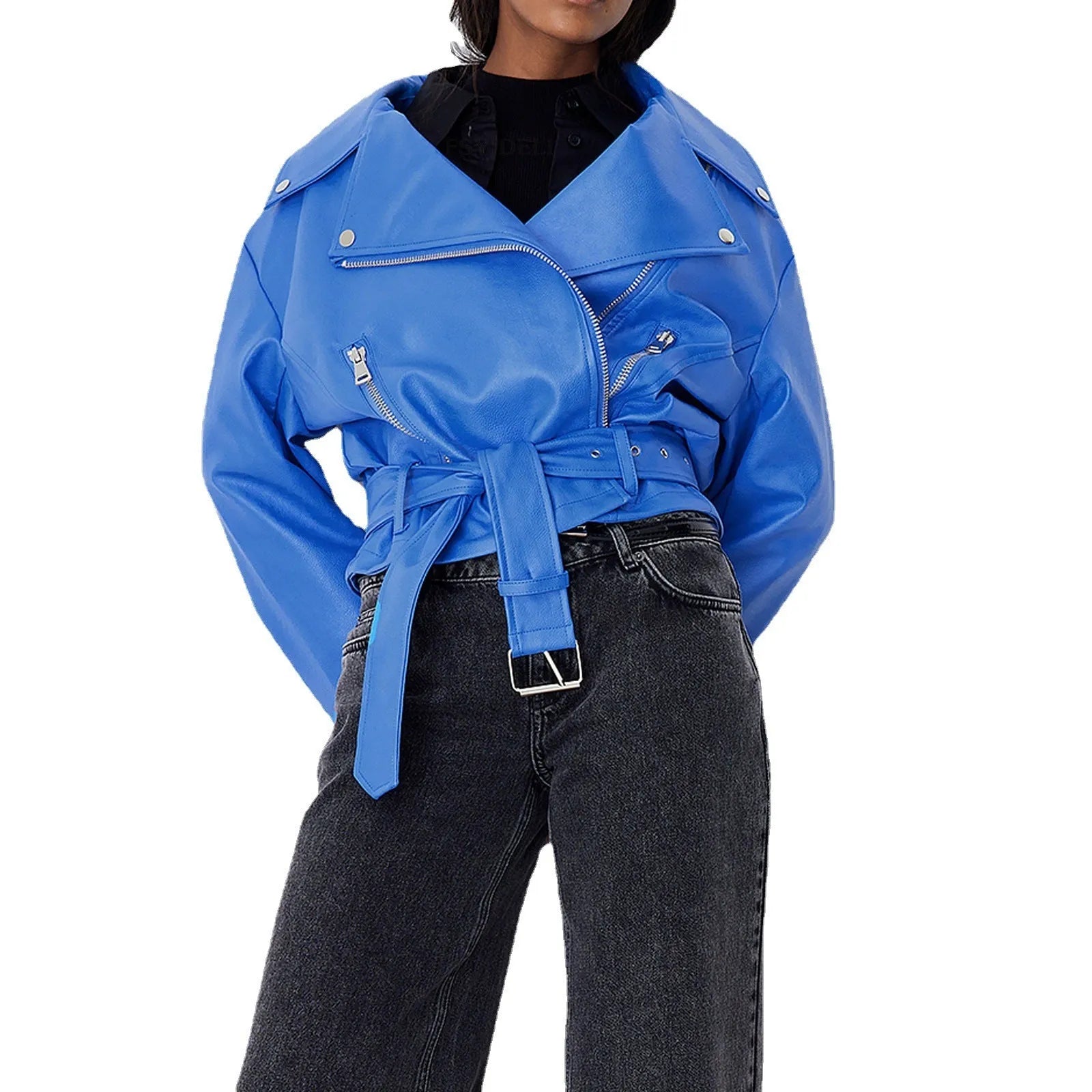 Black punk-style leather jacket with a Peter Pan collar, short belt on lapel, and a drawstring waist.