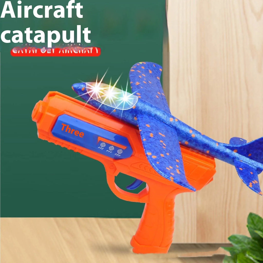 Foam ejection toy set with plastic gun launcher, airplane, and flashing lights for children aged 4-6 blue and orange options