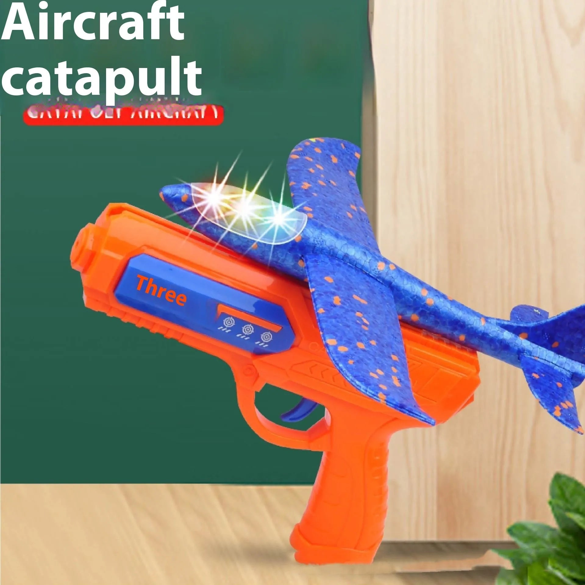 Foam ejection toy set with plastic gun launcher, airplane, and flashing lights for children aged 4-6 blue and orange options