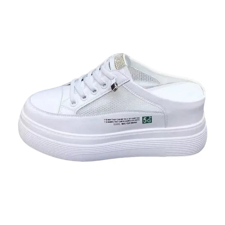 White women's mesh platform lazy shoes with round toe and synthetic leather upper