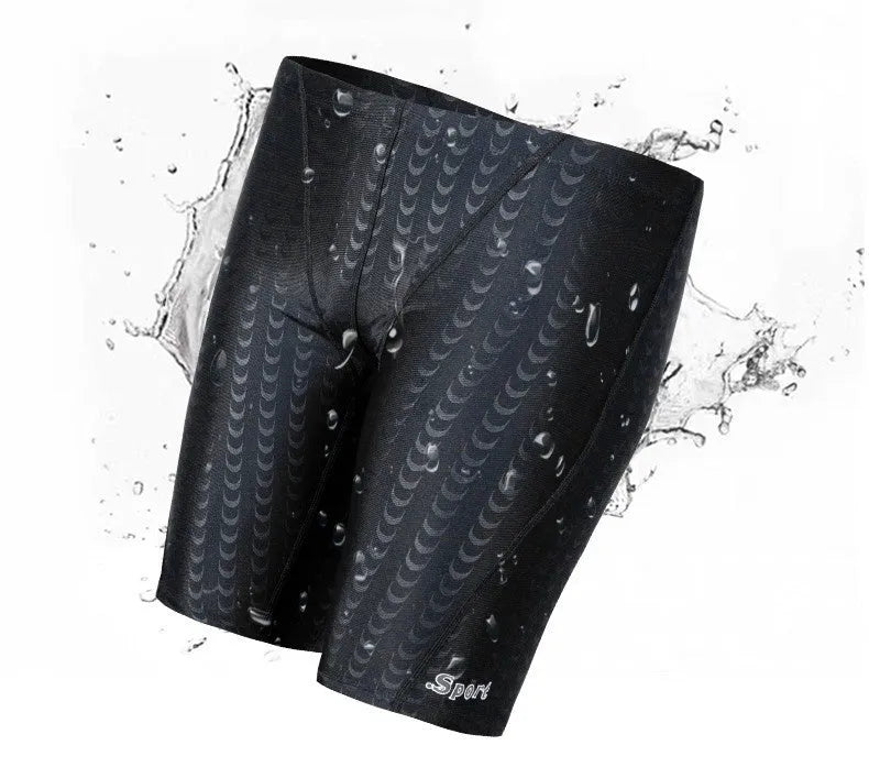 Men's solid colour waterproof polyester swimming trunks on a size chart showing XL, XXL, 3XL, 4XL.