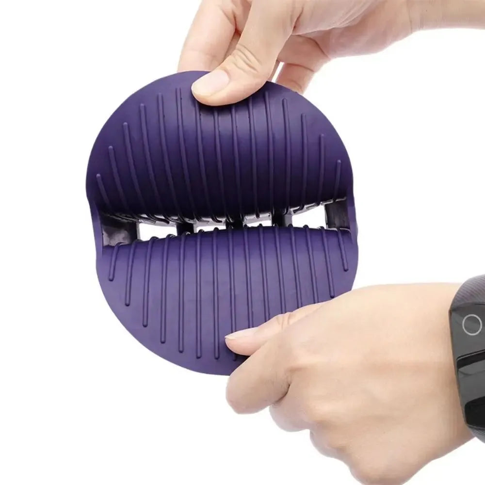 Purple dual-sided pet massage shampoo brush with soft TPR bristles and ergonomic handle